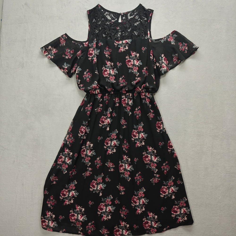 Floral Whimsigoth Dress Womens Medium Lace Midi Fairy Grunge Moody Cold Shoulder